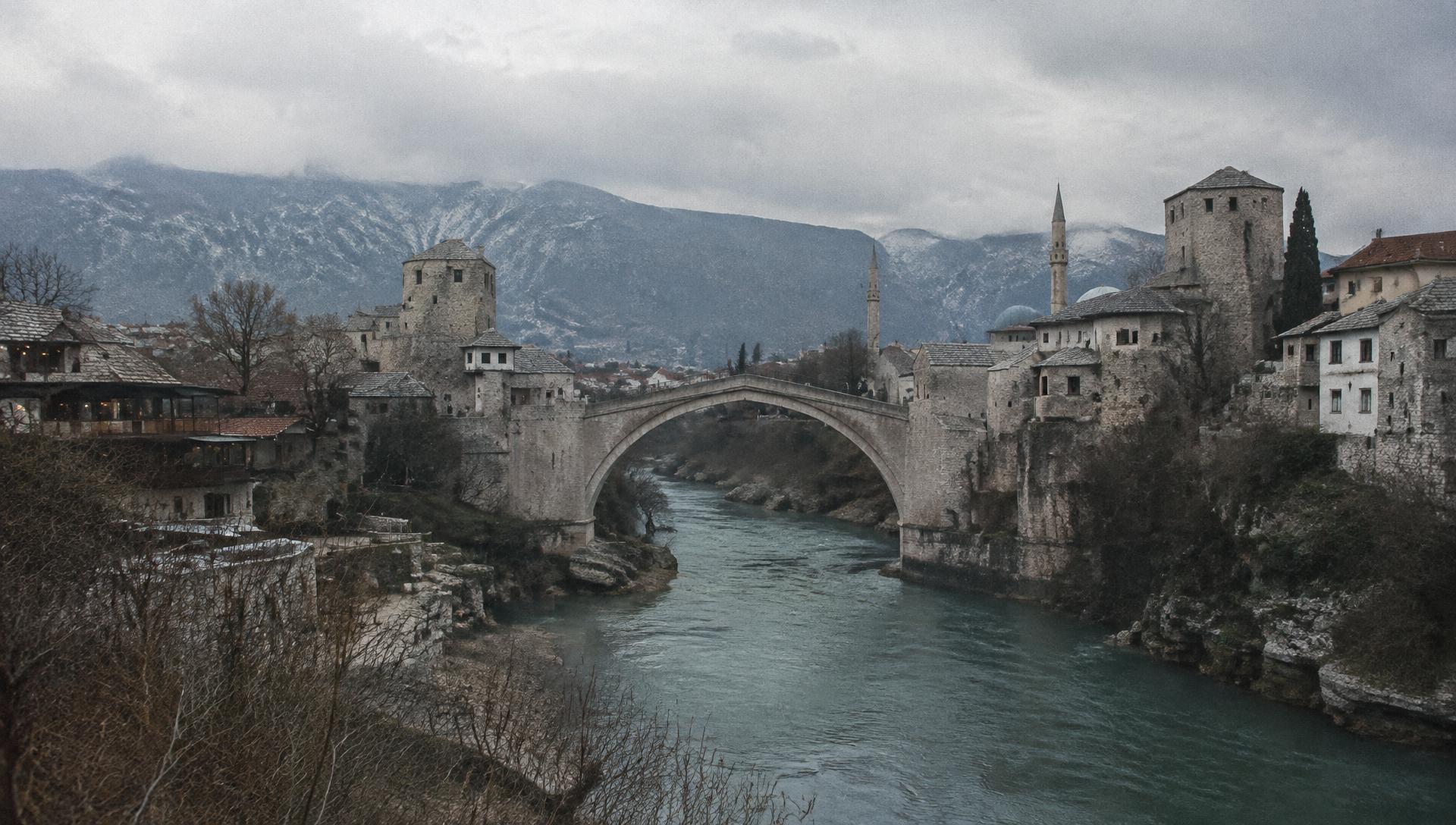 The Old Bridge in Mostar over the Neretva on a winter morning