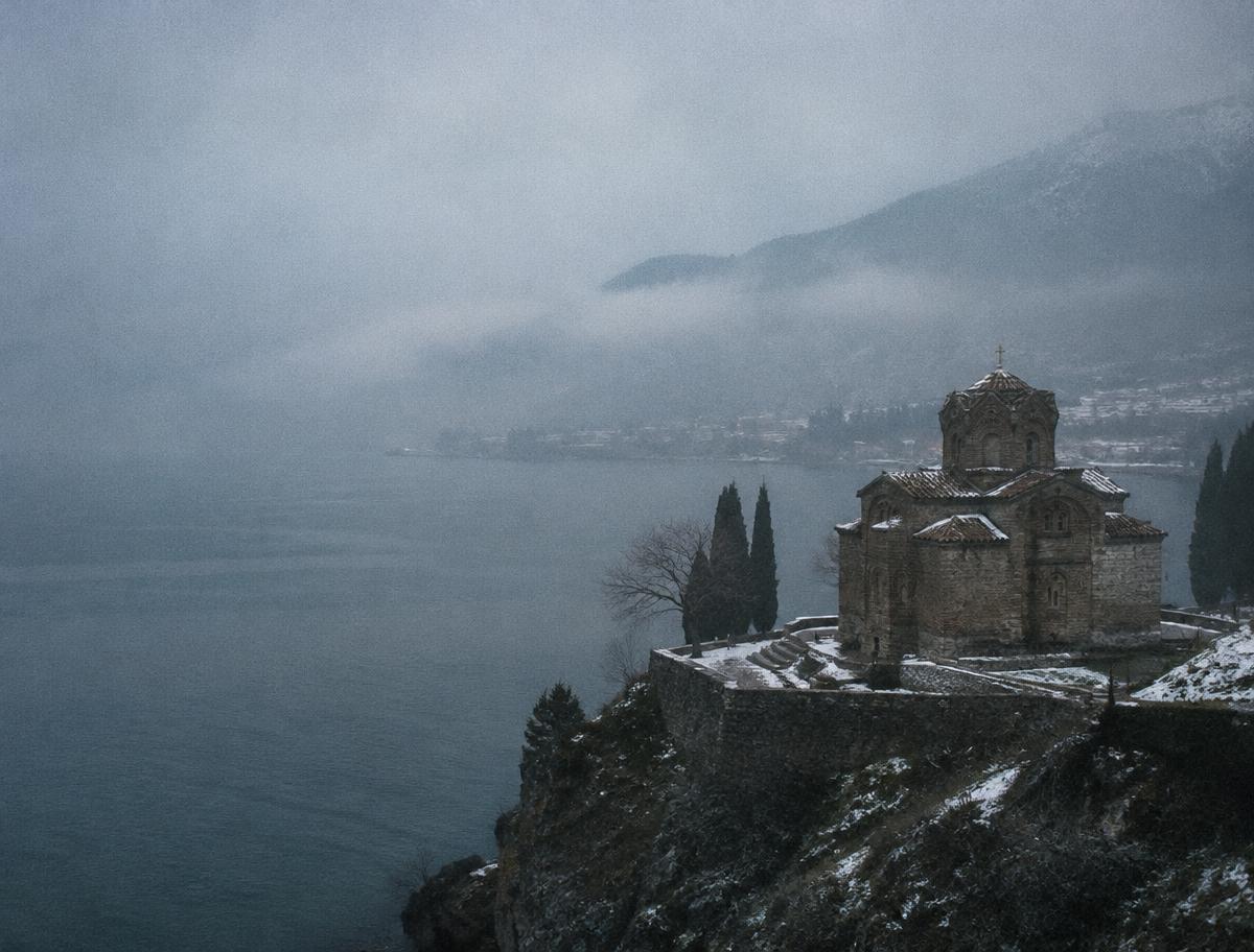 Church of St John at Kaneo above a misty Lake Ohrid