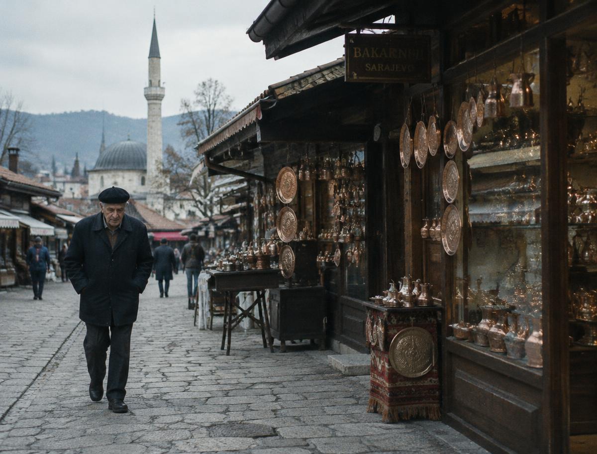 An elderly man walks past copper shops in Baščaršija